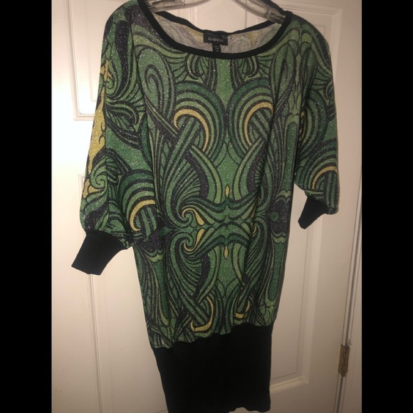 Bebe size medium vintage green metallic retro print top long banded hem - Picture 4 of 7